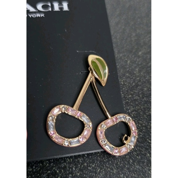 New Coach Rhinestone Pink Cherry Drop Gold Earrings Pinup Core - Picture 3 of 5